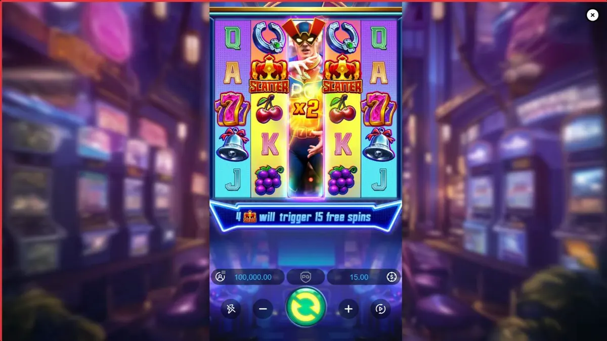 Cena vibrante e neon do jogo de caça-níqueis Super Wildrix com elementos de super-heróis.