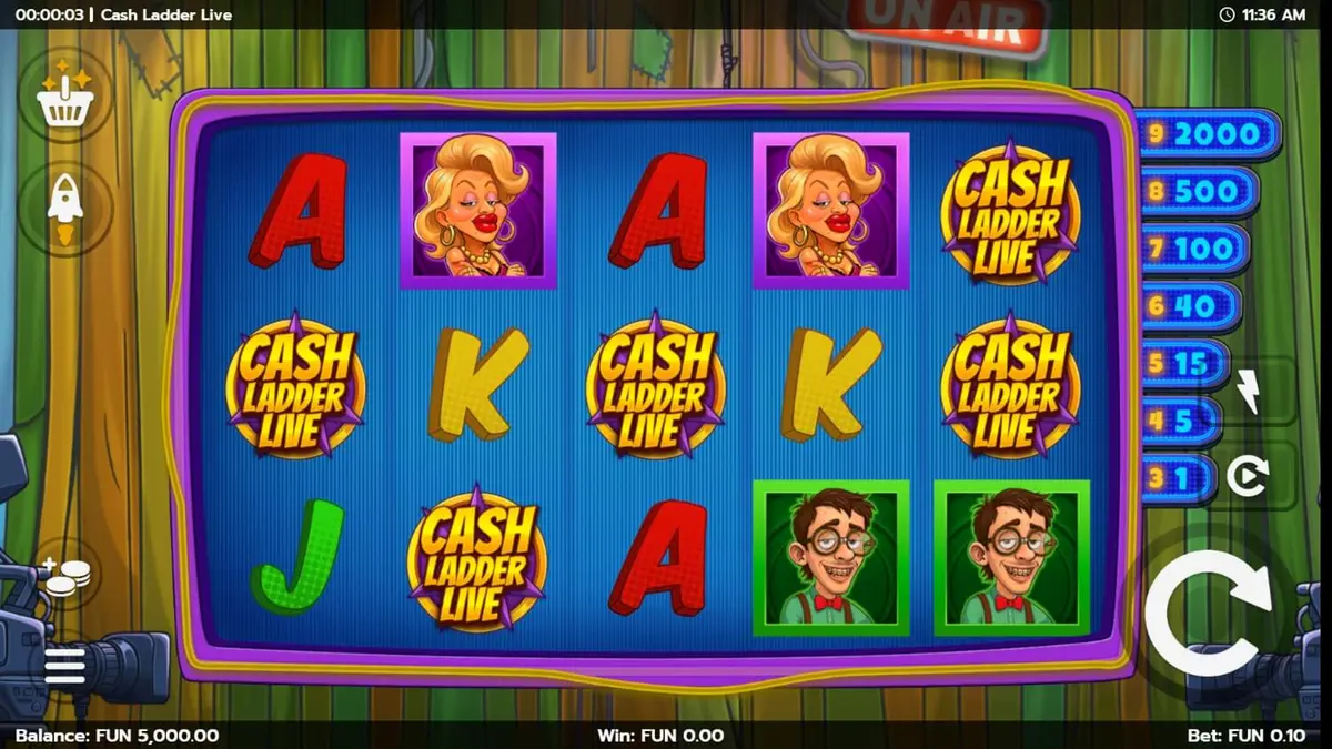 Interface do jogo Cash Ladder Live com luzes de estúdio e elementos de escada de prêmios